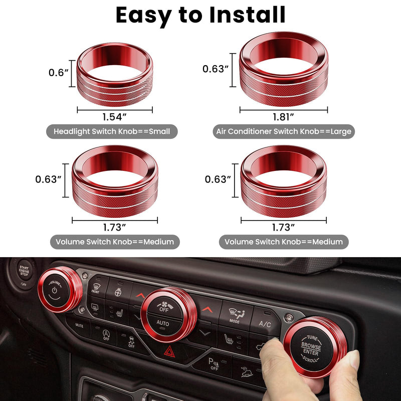8PCS Metal Button Knob Cover for Jeep Wrangler JL JLU 2018-2025 & Gladiator JT Accessories Window Switch Button Cover Volume Radio Air Conditioner Headlight Switch Knob Cover (Red) Red