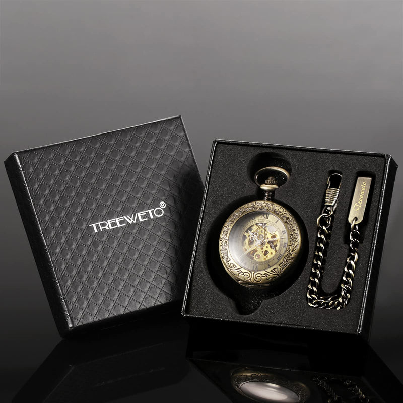 Automatic Mechanical Pocket Watch Magnifier Case Steampunk Skeleton Roman Numerals Dial for Men Women Bronze