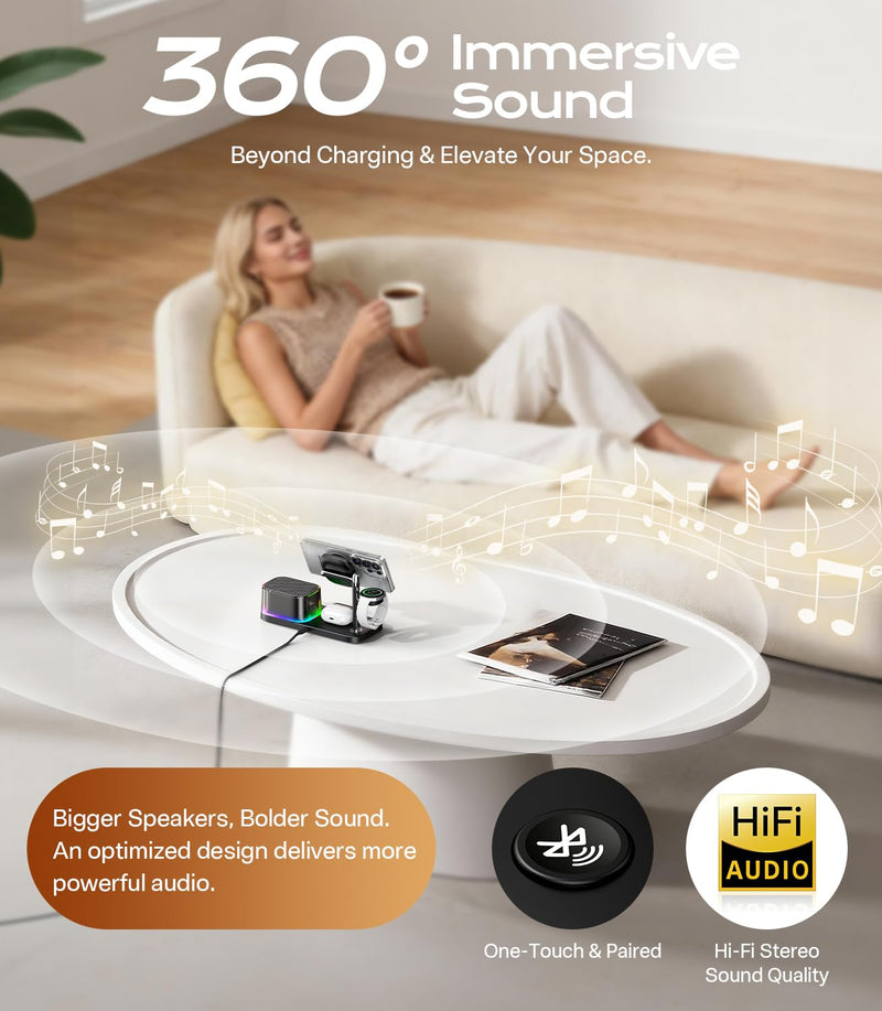 Meifigno 25W 5 in 1 Charging Station for Galaxy S26 Ultra with Bluetooth Speaker/Alarm Clock/Night Light, Qi2.2 Fast Magnetic Wireless Charger with 45W Adapter for S26/Z Fold7, for Galaxy Watch 8/Buds 25W for Samsung
