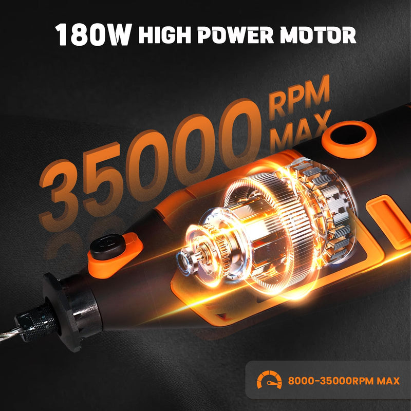 HARDELL 180W Corded Rotary Tool Kit, 8000-35000 RPM 61 Accessories for DIY | Powerful 180W Rotary Tool Kit for Cutting, Sanding, Grinding, Polishing, Engraving & Drilling Orange