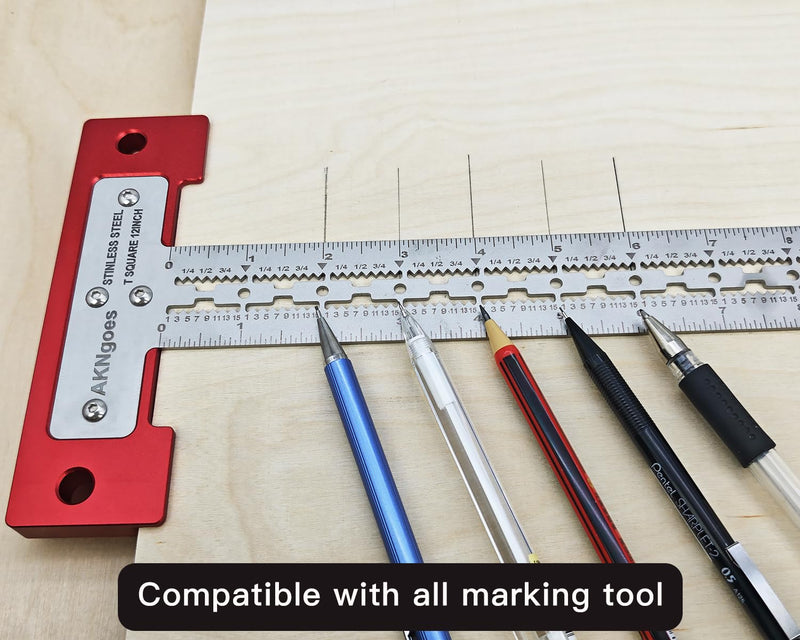 Precision Scriber T Square Ruler, T Square with Support Lips, Built in Scribe Notches, Stainless Steel Architect Ruler for Carpenter Work, Layout and Measuring Tools - 12inch 12 Inch