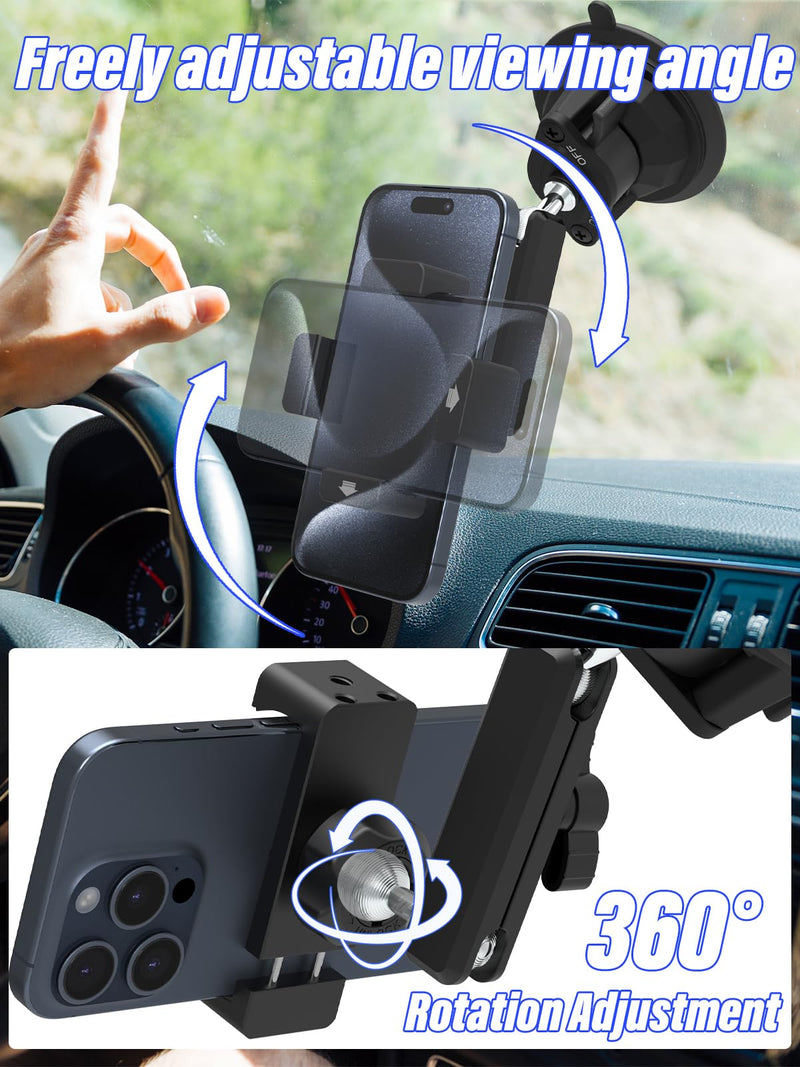 Suction Cup Car Phone Holder, Metal Phone Mount for Car Windshield | Aluminum Alloy, 360°Adjusting Arm, Heat Resistant Cellphone Holder for iPhone17 16 15 Pro Max, Galaxy S26 & 4-7" All Phones