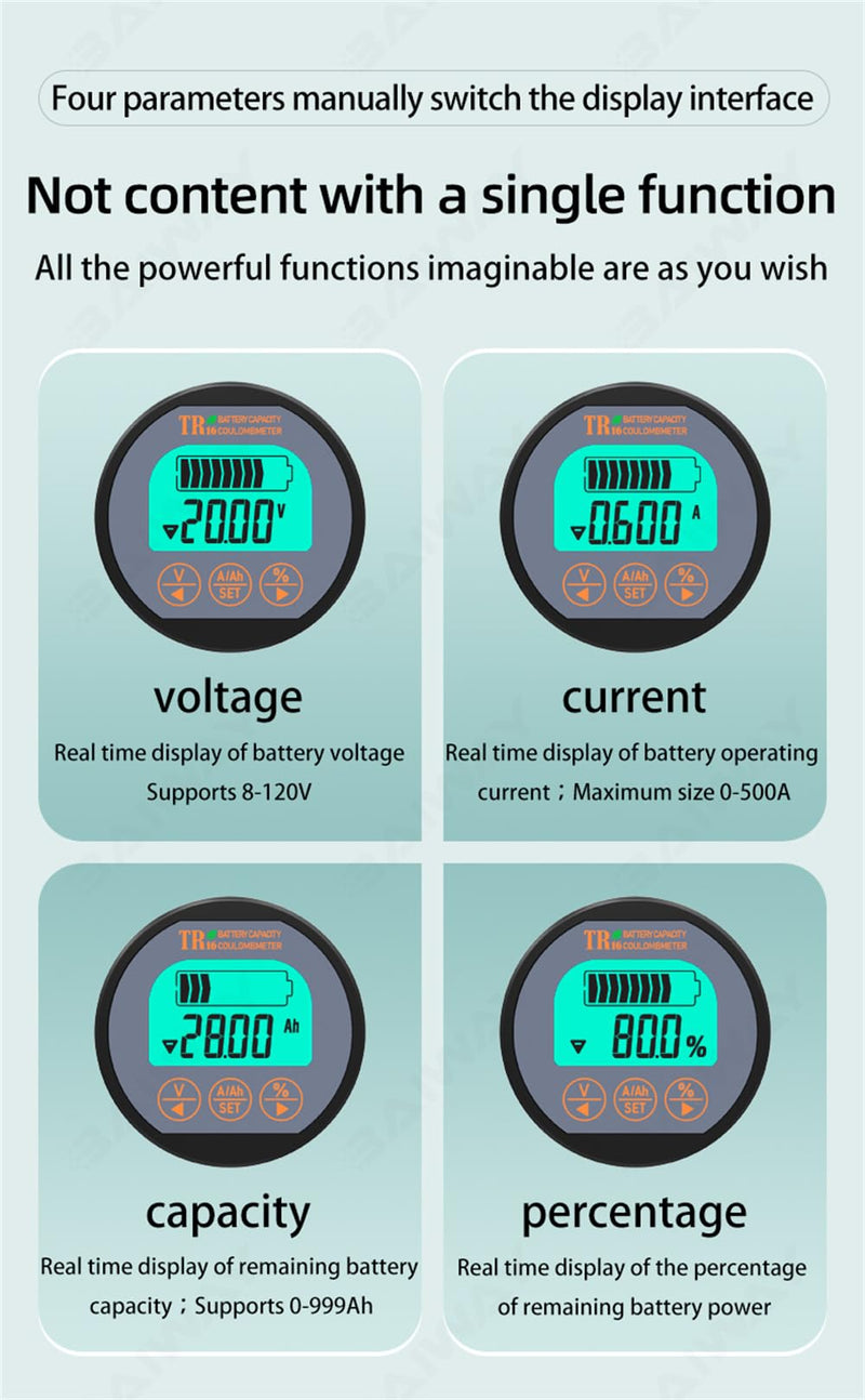 AILI Battery Monitor with Shunt, 8-120V up to 500A Voltage Current Meter, State of Charge Display up to 999AH, Compatible with LiFePO4 Lithium AGM Gel – for RV Camper Caravan Boat Solar Off-Grid 8-120V,0-500A