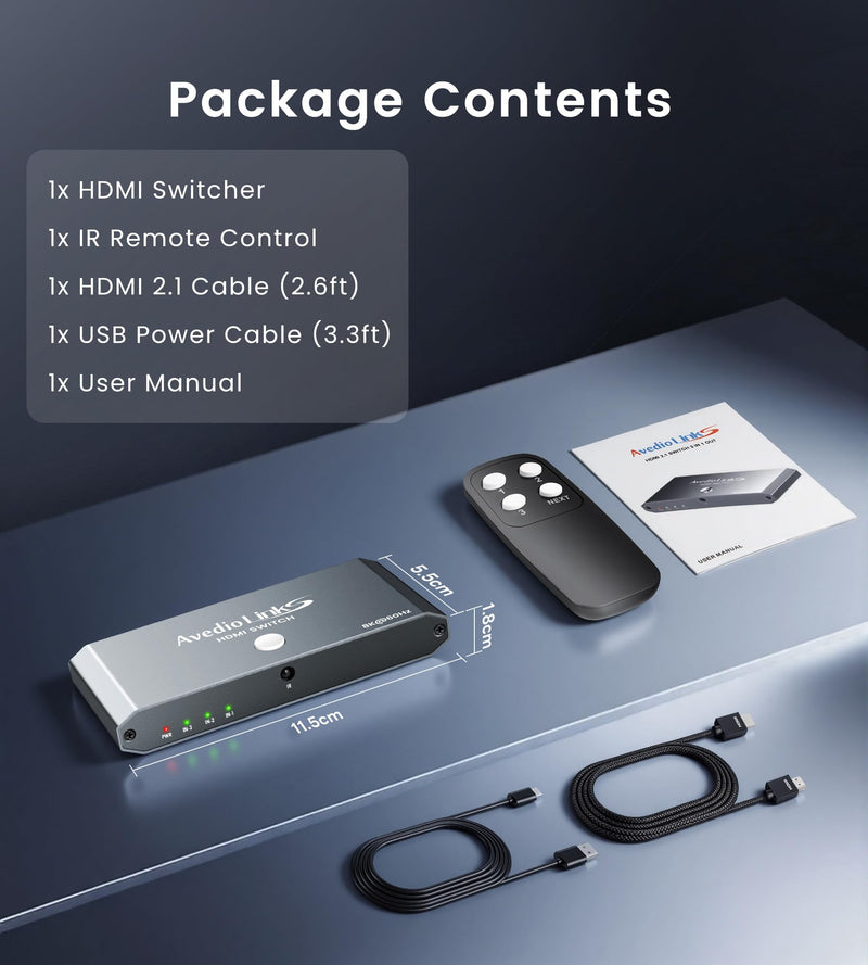 8K@60Hz HDMI Switch 3 in 1 Out with 2.6ft HDMI Cable & Remote, 4K@120Hz Aluminum HDMI 2.1 Switch Splitter with Auto-Switching, Supports HDCP 2.3 HDR 10+ Dolby Vision/Atmos 48Gbps for PS5, Xbox,Switch