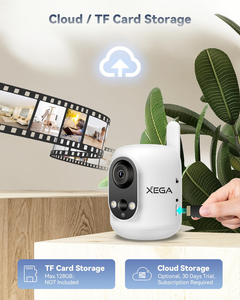 Xega 4G LTE Cellular Security Camera Indoor Wireless, 2K No WiFi Camera for Baby/Pet/Elderly with Phone App, 355°P/60°T, 6000mAh Battery, PIR Detection, Cloud/TF, Not Waterproof, Built-in SIM Card