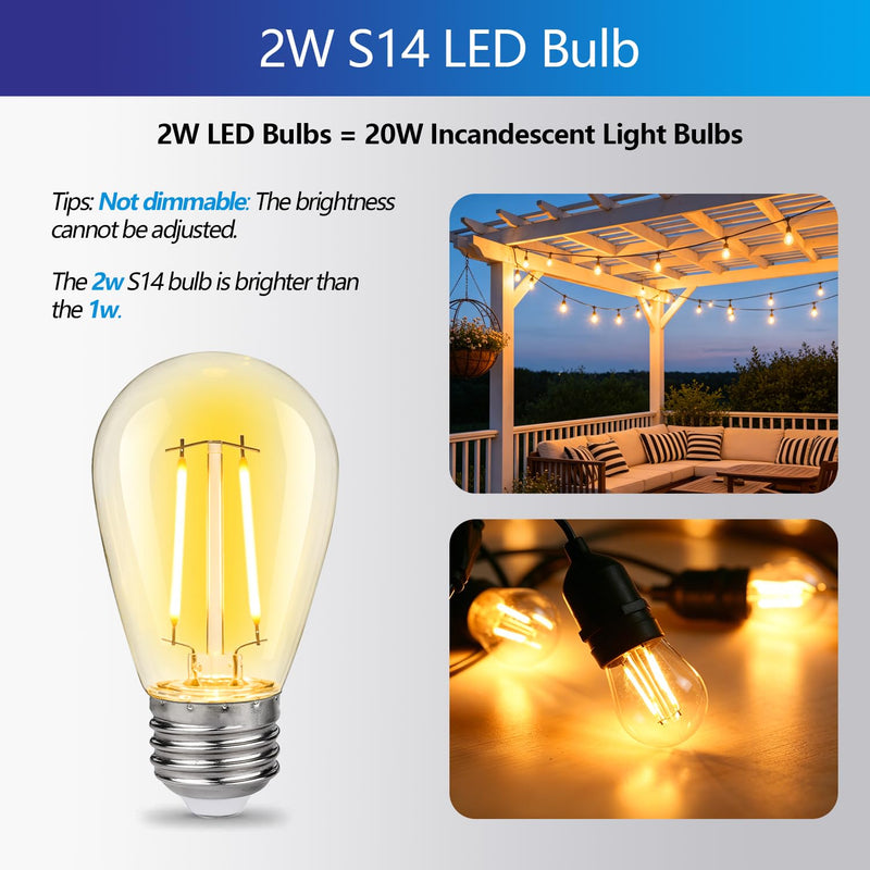 S14 Replacement LED Light Bulbs, Shatterproof & Waterproof 2W S14 LED Bulbs, Outdoor String Lights , E26 Base Patio Edison LED Light Bulbs, Warm White 2200K Plastic 150LM Non-Dimmable 48 Pack 2w 48pack
