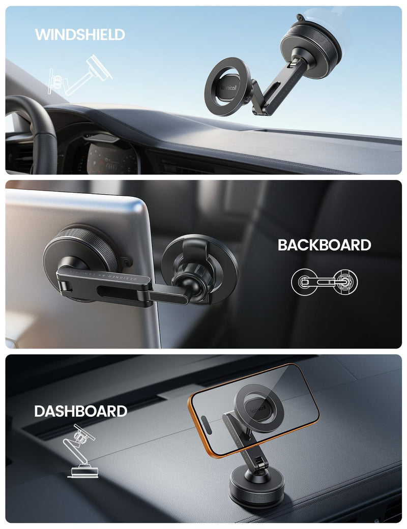 Lamicall Car Phone Holder Mount Ultra Nano Gel & 70+LBS Vacuum Suction Cup | 20X Strong Magnets 360° Phone Holders for Your Car Dashboard Windshield Car Mount for iPhone 17 16 15 Pro Max S26 S25 Black