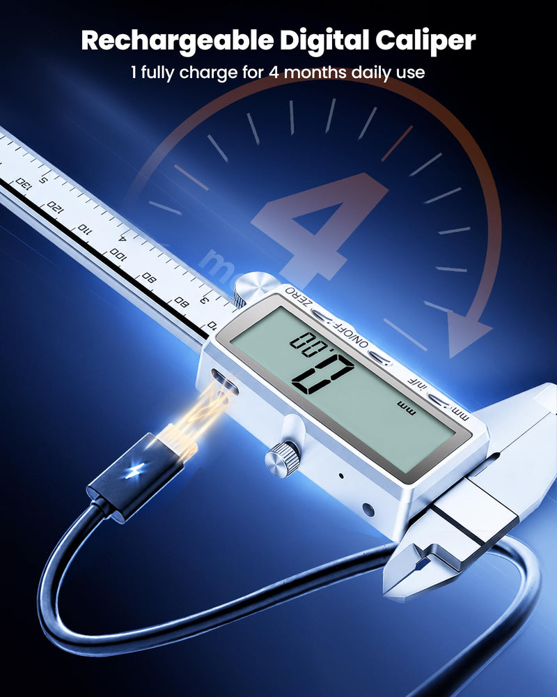 HARDELL Digital Caliper 6"/150mm, Rechargeable Stainless Steel Micrometer, Large LCD. in/MM/Fraction, Auto-Off, Electronic Measuring Tool for Machinist Woodworking 3D Printing DIY Household 6 Inch