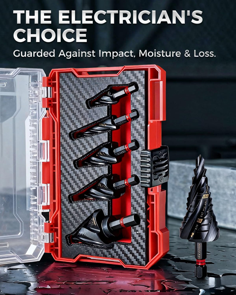 COMOWARE Step Drill Bit Set, 1/8~1-3/8" 5Pcs Four Spiral Flute Step Drill Bits for Metal, AITIN Coated Step Bit with 1/4" Hex Shank for Metal, Stainless Steel, Aluminum, Wood, Plastic