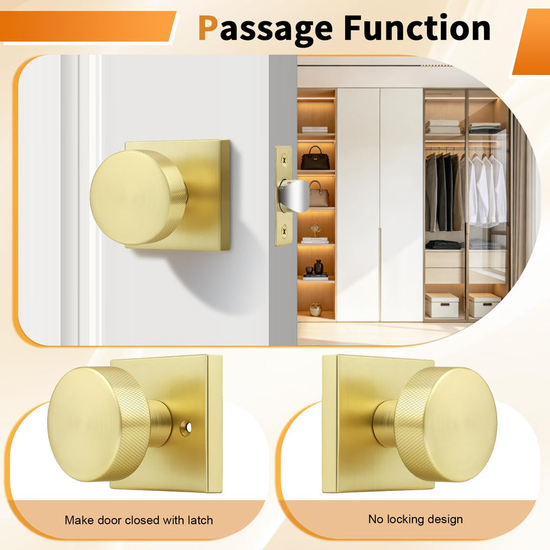 Probrico Gold Door Knobs Interior, Brushed Brass Passage Door Knob for Hallway Closet, Square Closet Door Knob with Round Knob, 3 Pack Brushed Gold