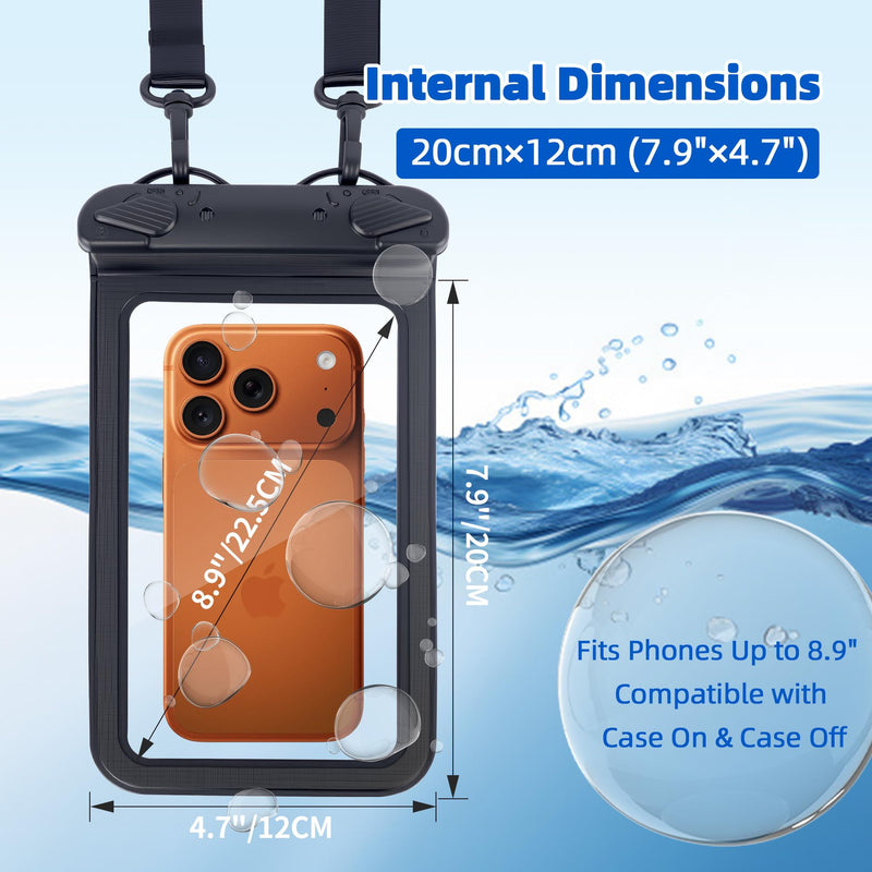 IPX8 Waterproof Phone Pouch Universal Cell Phone Dry Bag Patented Sealed Lock Lanyard Mobile Phone Case for Swimming Surfing Beach for iPhone 17 16 15 Samsung S26 S25 Xiaomi up to 8.9" Black - 2 Pack 8.9 inch