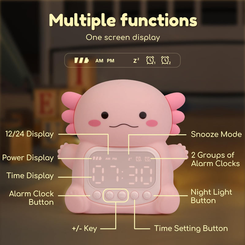 Yiliaw Axolotl Alarm Clock with Night Light for Kids, 7 RGB Color Cute Alarm Clocks for Bedrooms Ok to Wake Clocks, Silicone Animal Tabletop Lamp for Teen Girls Boys