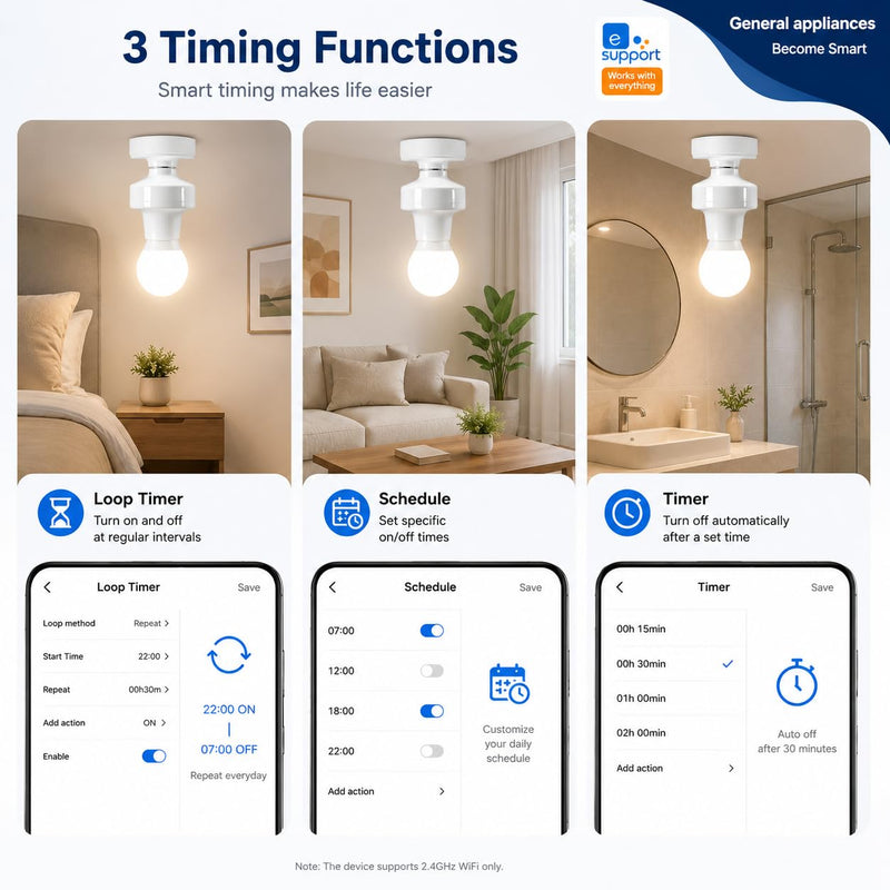 QIACHIP Wi-Fi Smart 2.4G Remote Control Light Socket E26 E27 Bulb Socket Adapter, eWeLink APP Remote Timing, Compatible with Alexa and Google 4 x Wifi Socket + 1 transmitter