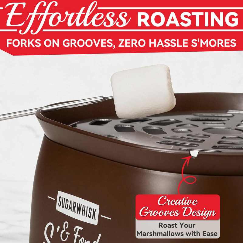 SugarWhisk 2 in 1 Electric Smore Maker & Fondue Set, Marshmallow Roaster with 4 Forks, Indoor Smores Kit for Kids & Couples, Cheese & Chocolate Fondue Pot, 4 Detachable Trays, Brown