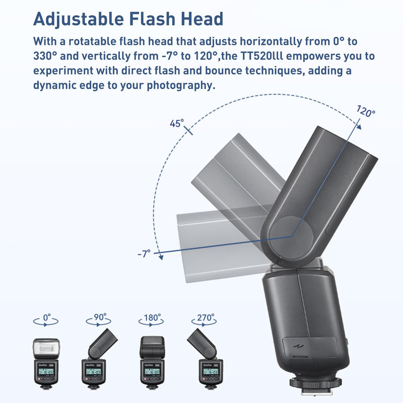 Godox TT520III Universal Hot Shoe Flash for Canon Nikon Sony Pentax Fuji | 1.8s Recovery Time, Built-in Wireless Receiver with RT-16 Transmitter, 8 Level Steps (1/128-1/1), 400 Full Power Flashes