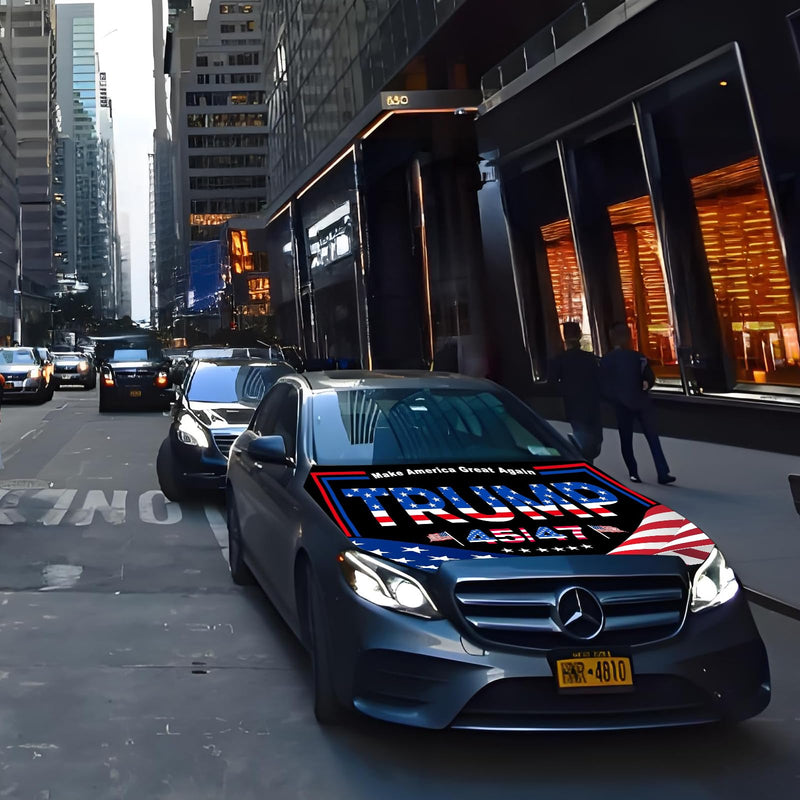 Trump 2025 Flag Car Hood Cover, 3.9x5.2 Ft, Smiling MAGA Elastic Windproof Banner, Cars, SUVs, MPVs, Weatherproof Washable Fabric
