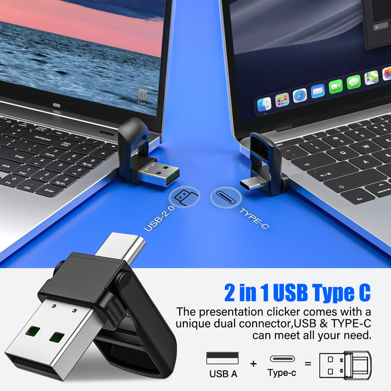 2-in-1 USB TYPE-C Presentation Clicker wireless Presenter Remote Clicker, Powerpoint Clicker Slide Advancer, Clicker for Powerpoint Presentations with Volume Control, Presentation Clicker for Computer F09 Red Lighjt + USB A/USB C