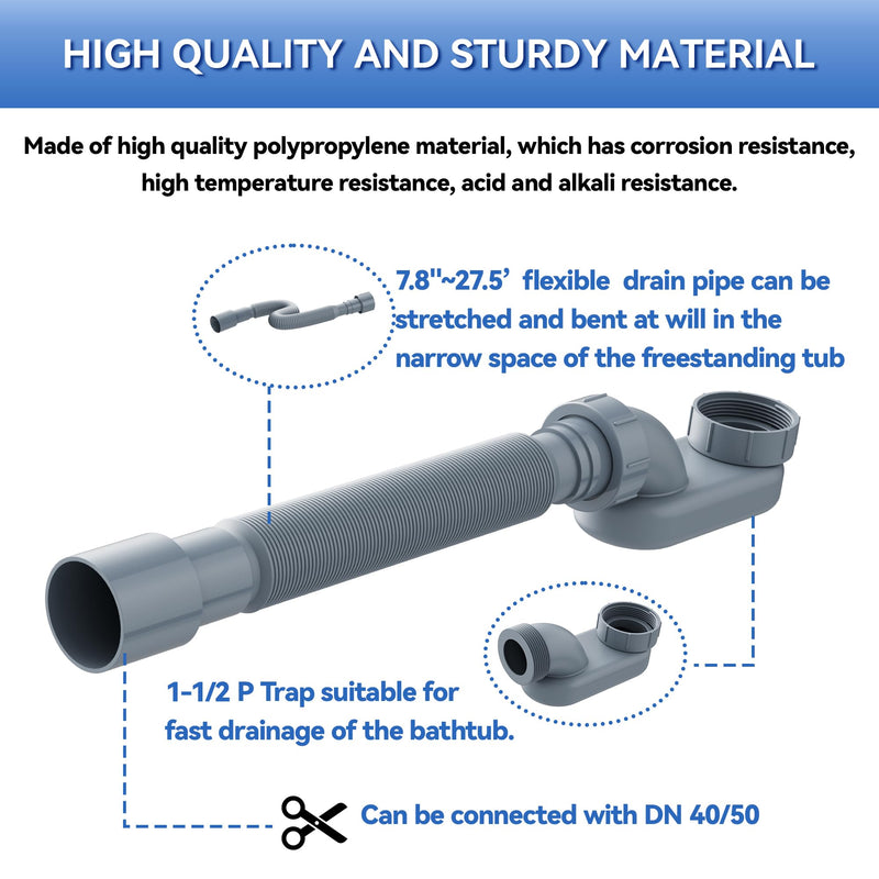 Flexible Freestanding Tub Drain Kit, Low Profile Flat P Trap for 1 1/2" Bathtub & Shower Drain Pipe, Easy Install, Fits Freestanding Bath Tubs, PVC Drain Hose Included