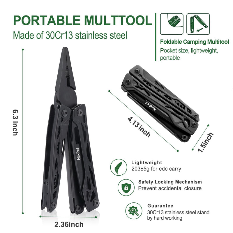 NexTool Multitool, 11 in 1 Multi Tool with Needle Nose Pliers, Scissors and Screwdriver Bits, Stainless Steel Multi Tool Pocket Knife with Safety Locking for Camping,Fishing,Hiking, Mens Gifts Unique Full Size Black Knight Pliers