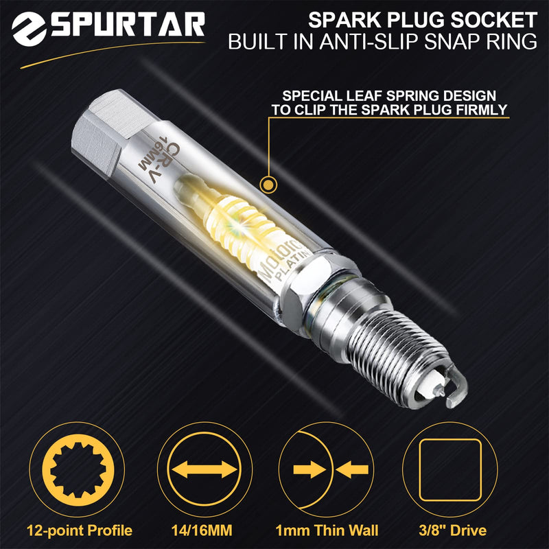 Spurtar 14mm 16mm Spark Plug Socket Set Thin Wall 12-Point 3/8-Inch Drive Spark Plug Tool Set for Auto, Fits BMW Peugeot Benz Nissan Cars Motorcycle SUV ATV with Spring Clips 2pcs CRV Steel Tool 14mm & 16mm