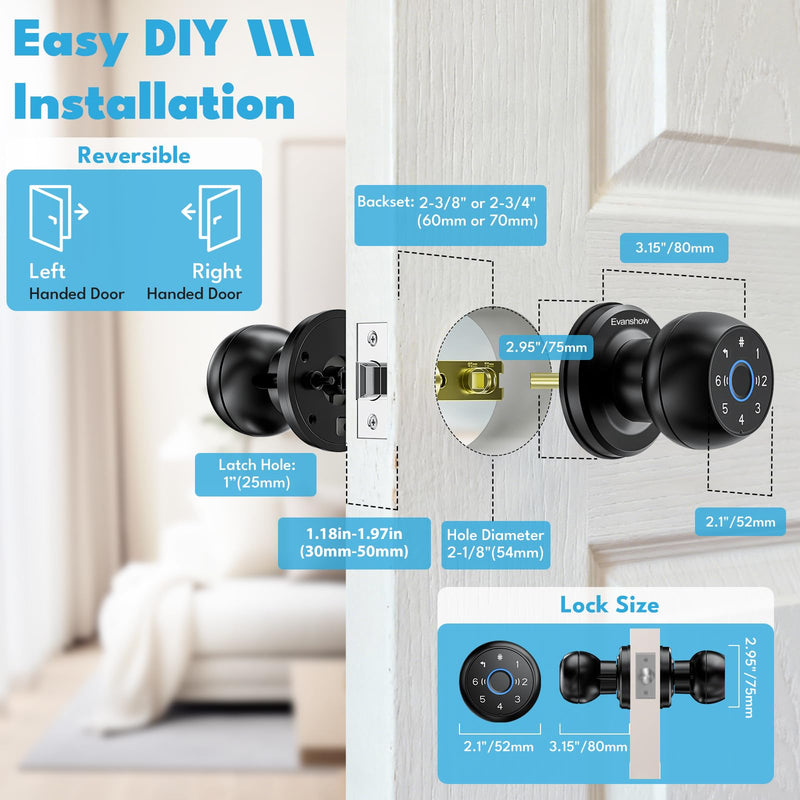 Upgrade Wateproof Smart Door Knob, Door Knob with Lock,Fingerprint Door Locks, Keyless Thumbprint Entry Door Locks for Bedrooms, Front Door, Hotel, Apartment Black 1