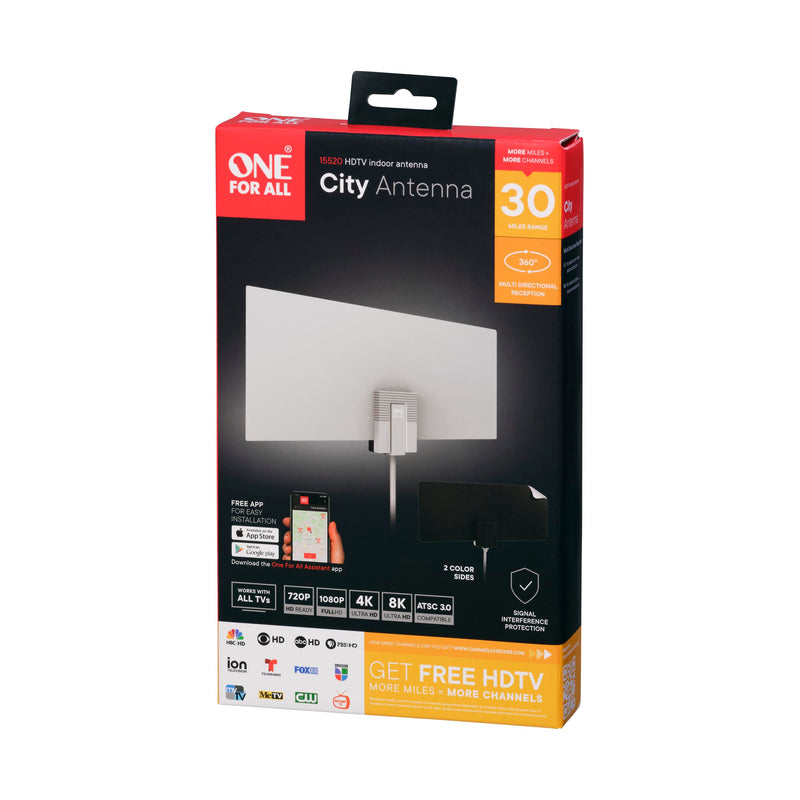  [AUSTRALIA] - One For All HDTV Indoor Antenna for 1080P 4K Free TV Channels, 30 Miles Reception Range, 10ft Coax Cable Included, Thin Dual Color Design White/Black (15520) 15520