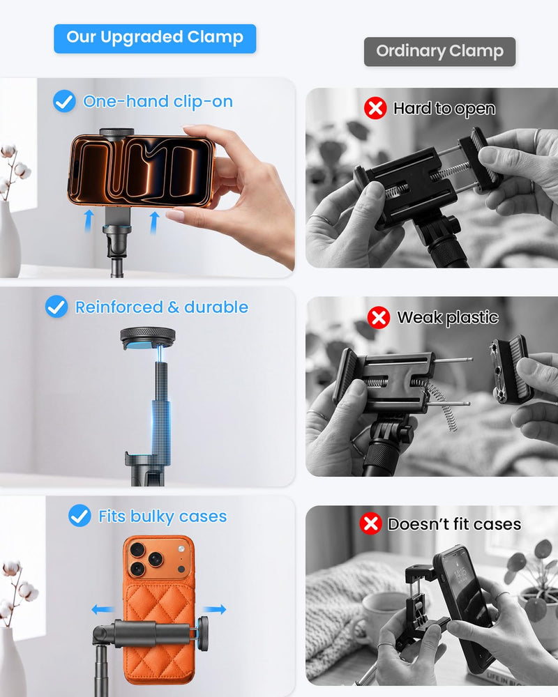LOXP 67'' Phone Tripod with Remote, 0.01s Auto-Open for Content Creator | Selfie Stick for iPhone/ Android, Portable iPhone Tripod with Cold Shoe/ 1/4" Adapter for Travel, Vlog, Live, Golf, Video Black