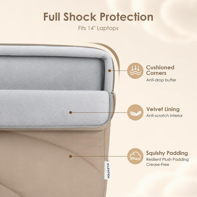 LENTION 14in Cloud Puffy Laptop Sleeve Water-Resistant Shock-Absorbing Case | Velvet Inner Lining, Slim Portable Design, Minimalist Camel Compatible with 13-14 Inch Laptops for Daily Commute Travel