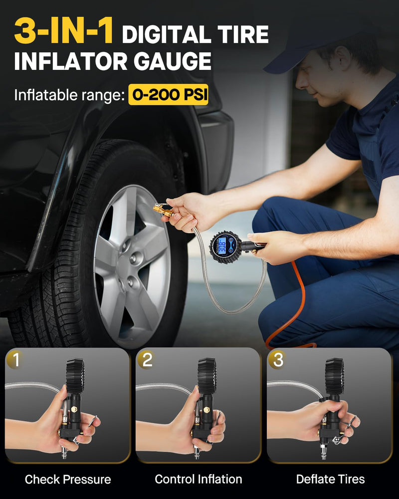 Vondior Digital Tire Inflator with Pressure Gauge 200 PSI - Large 2" Digital Dial, Heavy Duty Air Chuck and Compressor Accessories with Tire Tread Depth Gauge and Quick Connect Coupler Car Accessories 3-200 PSI