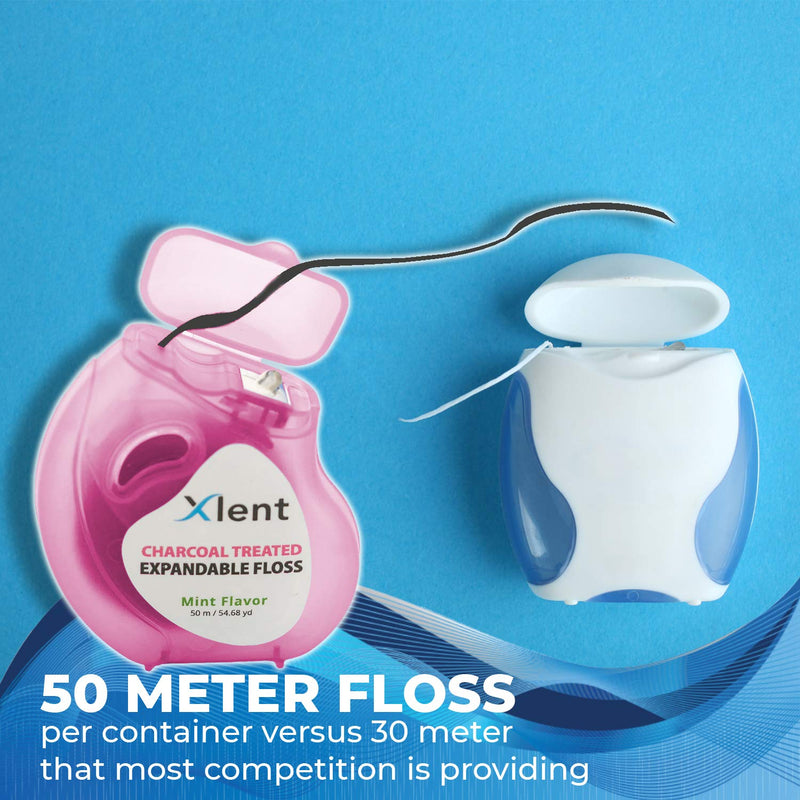 Expandable Floss Treated with Activated Charcoal with Xylitol and Natural Plant Based Wax |Fresh Mint Flavor | 50 Meter (6 Count) 164.04 Foot (Pack of 6)