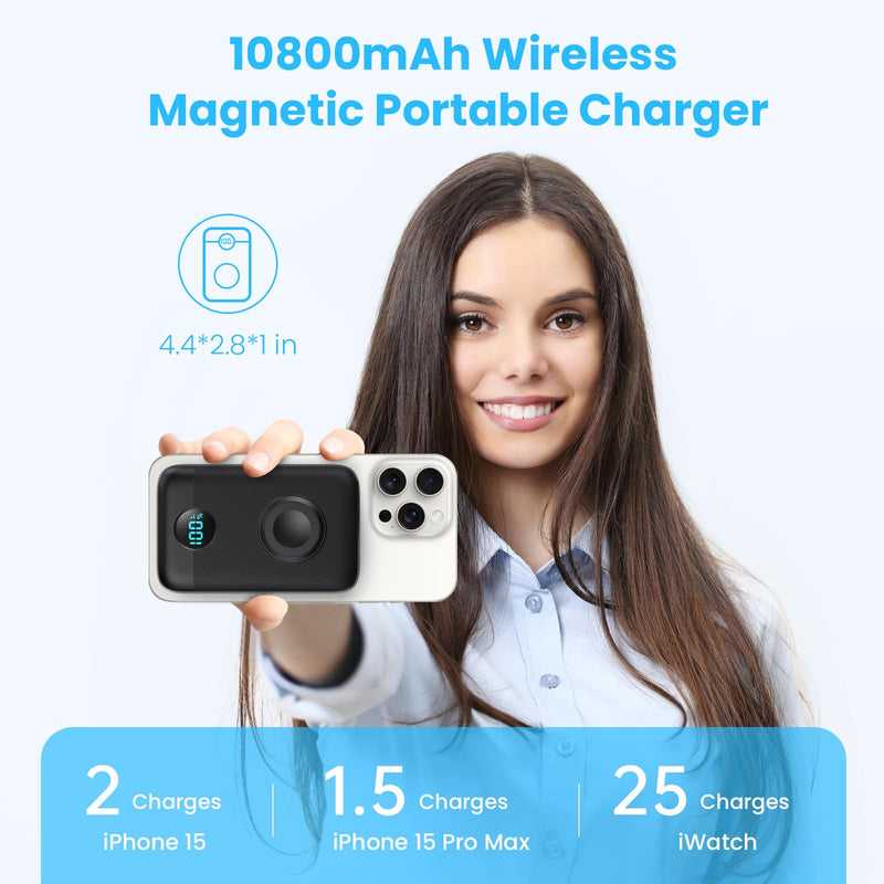 Magnetic Portable Charger 10800mAh,4-in-1 Wireless Power Bank with iWatch Charger, QC4.0+20W PD Fast Charging USB C Battery Pack with LCD Display for Magsafe,iPhone 15/14/13/12 Series,Apple Watch etc. Black