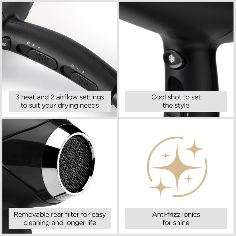  [AUSTRALIA] - BaByliss Turbo Smooth Hair Dryer - 2200W Powerful Blow Dryer, Large Diffuser, Ionic Frizz-Free Conditioning, 3 Heat & 2 Speed Settings, Black, 5572U 5572U - UK SKU
