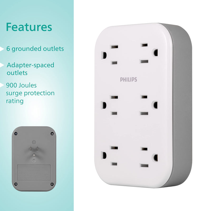 Philips EZFit 6-Outlet Surge Protector Outlet Extender, Wall Tap, Grounded Widely Spaced Outlets, 900 Joules, for Home Office Dorm Essentials, White, SPP6602W/37 6 Outlet