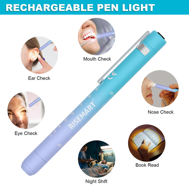 RISEMART Rechargeable Pen Light for Nurses with Trauma Shear, Nurse Scissors and Pen Light Set, 7.5" Medical Scissor and 2 LED Sources Penlight, Nursing Student Essentials (Blue+Blue) Blue+Blue