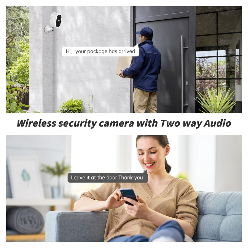 Security Cameras Wireless Outdoor,No Subscription,2 Cam-Kit,Support 2.4G & 5G WiFi Router,Home Security System with 2K Night Vision,Supports 128GB Local Storage,PIR Alerts,Motion Detection White 2P
