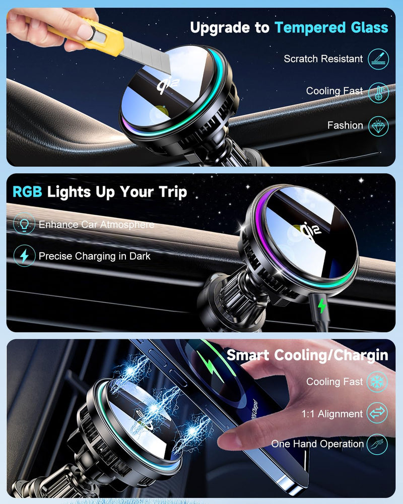 for Qi2 15W MagSafe Car Mount Charger RGB Light, Ice Cooling Magnetic Wireless Car Charger Phone Holder, Air Vent Fast Charging for iPhone 17 16 15 14 13 12 Pro Max Air, Galaxy S25, Car Accessories With Qi2 Cooling Charging