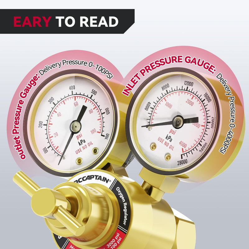 ARCCAPTAIN Oxygen Regulator Gauges Gas Welding, 0-4000PSI and 0-100PSI Welding Gas Gauges With 9/16"-18 and 1/4" Hose Outlet and Welding Gas Gauges CGA 540 Inlet Connection