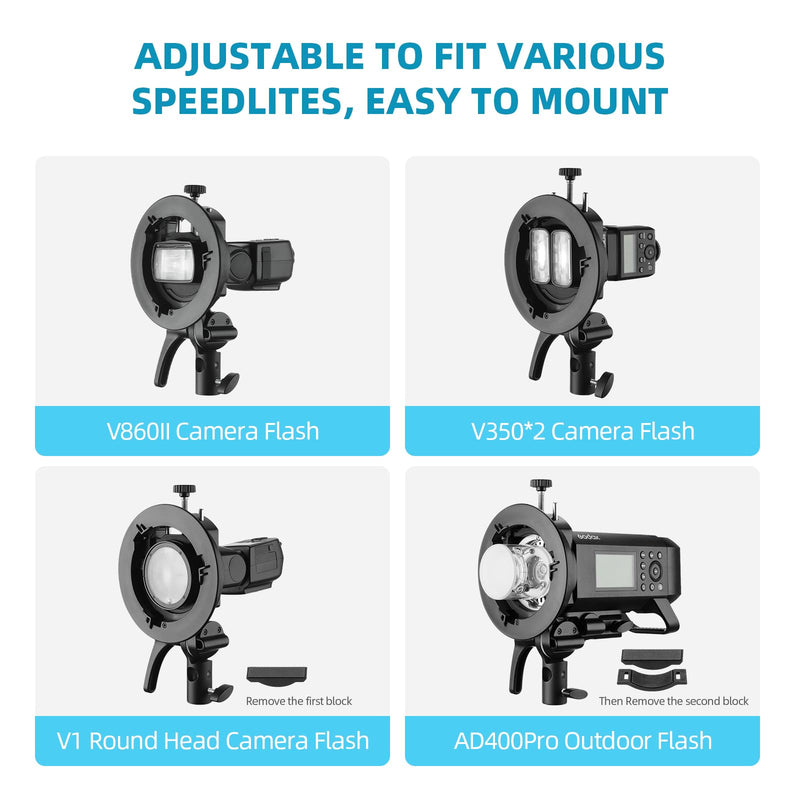 Godox S2 Speedlite Bracket: Bowen Mount Flash Holder Bracket for Godox V350/V850/V860, TT360/TT600/TT685, V1/V1 Pro Flash and AD200pro/AD300pro/AD400pro Outdoor Strobe Flash
