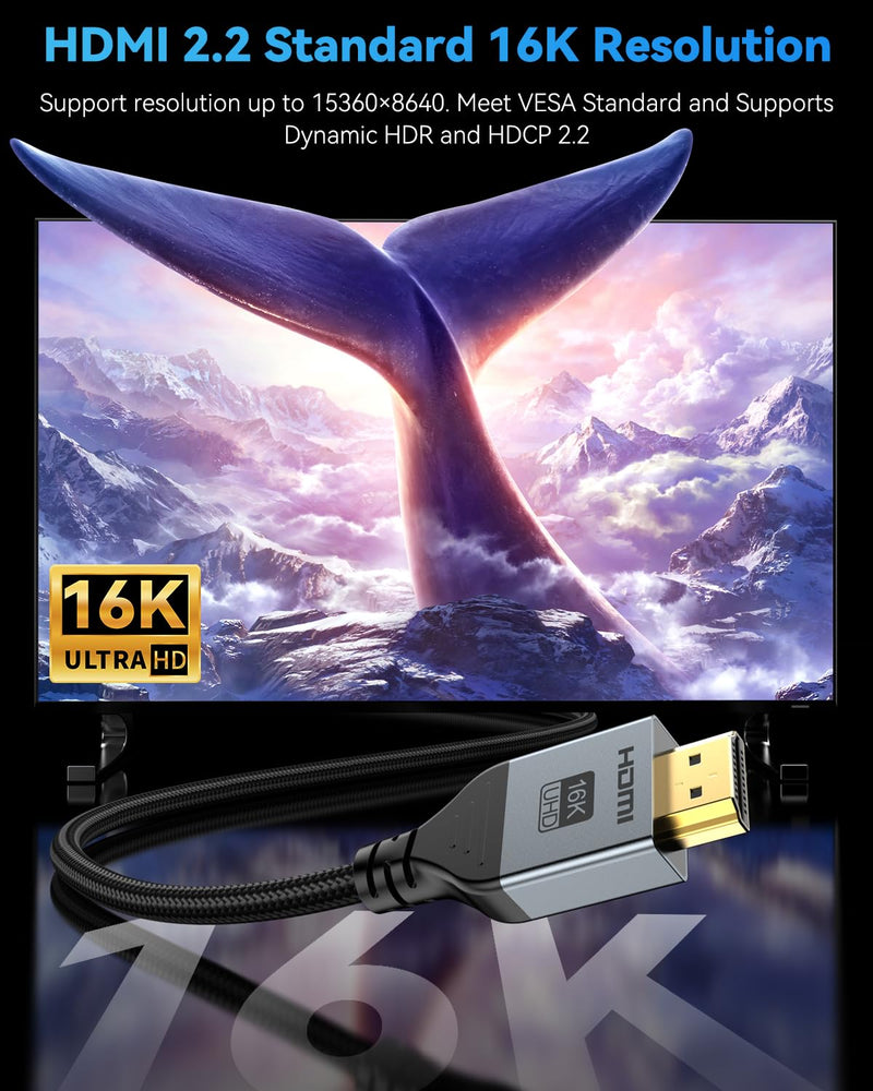 16K 8K HDMI Cable 96Gbps 6.6 FT, Ultra High Speed HDMI 2.2 Cable 16K@60Hz 8K@120Hz 4K@480Hz HDCP 2.2&2.3, Dynamic HDR, eARC,DTS:X, Compatible with Roku TV/HDTV/PS5/Blu-ray/Projector 6.6 feet