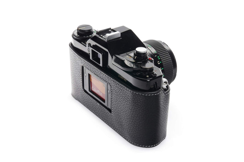 A-1 Case, BolinUS Handmade Genuine Real Leather Half Camera Case Bag Cover for Canon New AE-1 AE-1P A-1 (with Handle) Camera with Hand Strap (Black) Black