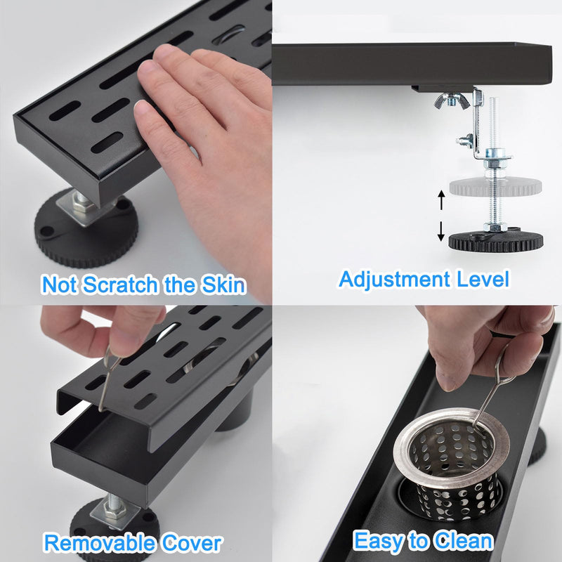 12 Inch Black Linear Shower Drain, Rectangular Shower Floor Drains with Brickwork Cover, 304 Stainless Steel Black Linear Drain for Bathroom with Leveling Feet, Hair Strainer (Matte Black) 12 Inch