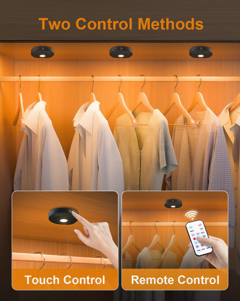 WILLED Under Cabinet Lighting Wireless,RGB Rechargeable Puck Lights with Remote Control,Battery Touch Tap Light with Timer Function,Stick On LED Lights for Kitchen,Cabinet,Counter,Closet,Shelf,6 Pack 6 Pack RGB Multicolor