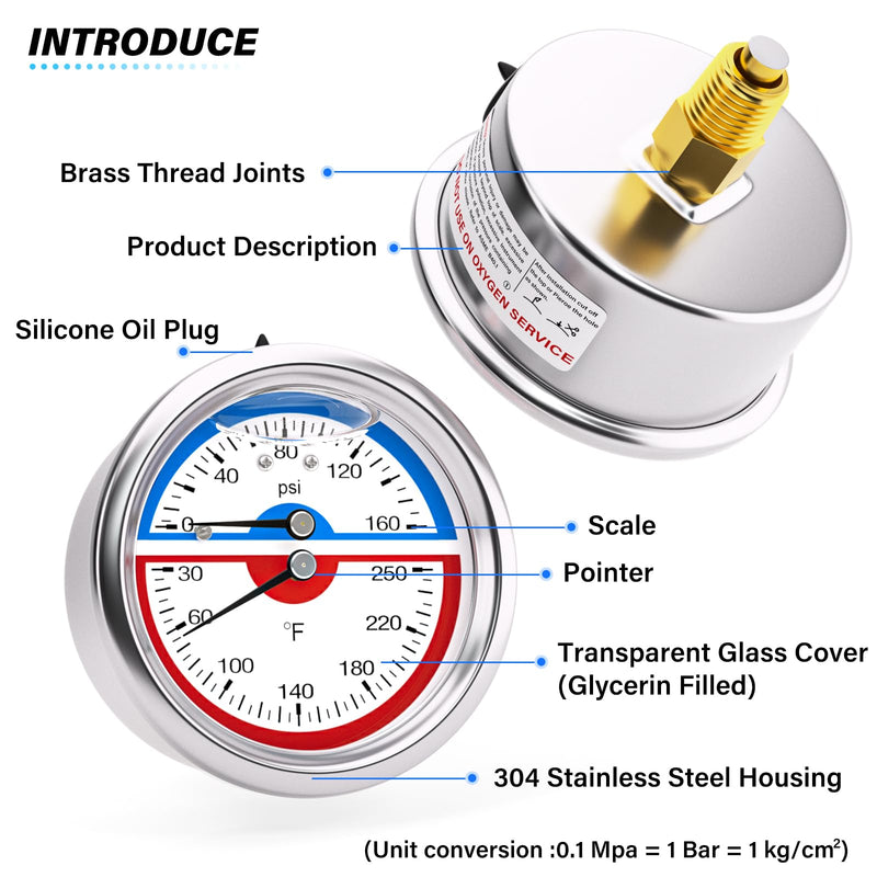 MEANLIN MEASURE 0-160Psi Stainless Steel Thermal Pressure Gauge 30-250℉ Liquid Filled Pressure Gauge 1/4" NPT 2.5" FACE DIAL, with Teflon Tape, Back Mount