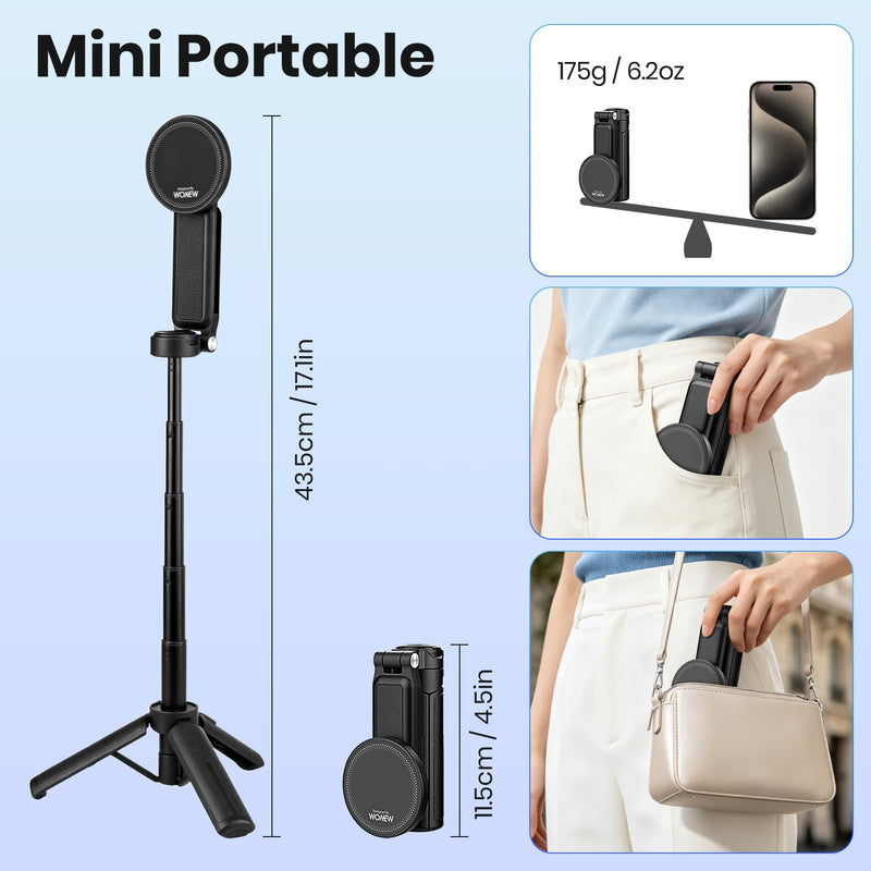4-in-1 Magnetic Selfie Stick, Pocket Size 360° Rotation Phone Tripod | With Wireless Remote and Metal Ring, Extendable Cell Phone Stand Camera Grip Handle for Video Recording Travel Live Streaming Black