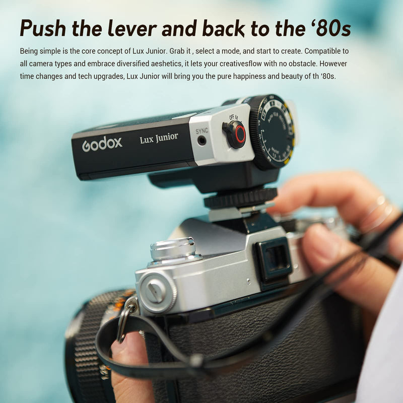 Godox Lux Junior Retro Camera Flash Speedlite | GN12, 6000K fixed color temp, auto & manual mode, S1/S2 optical sync, compatible with Canon, Nikon, Sony, Fuji, Olympus
