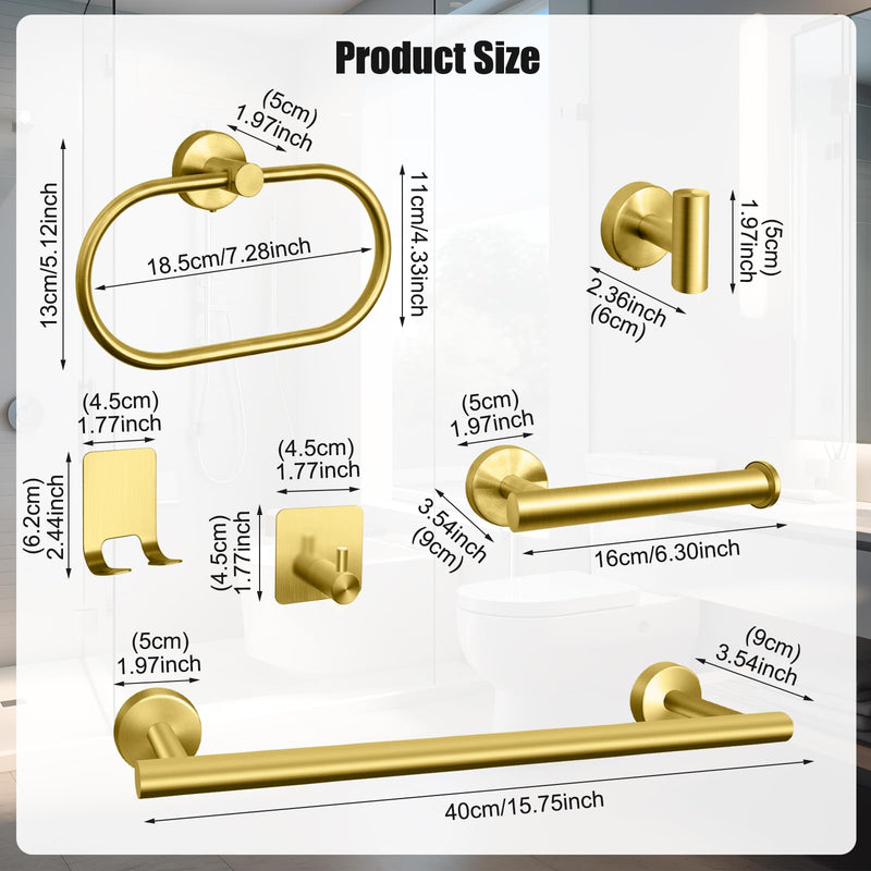 Bathroom Hardware Set, 7 Pcs Bathroom Towel Rack Stainless Steel Bath Hardware Kit Including 16" Hand Towel Bars, Toilet Paper Holders, Towel Rings, Robe Towel Hooks (Gold) 7pcs-gold