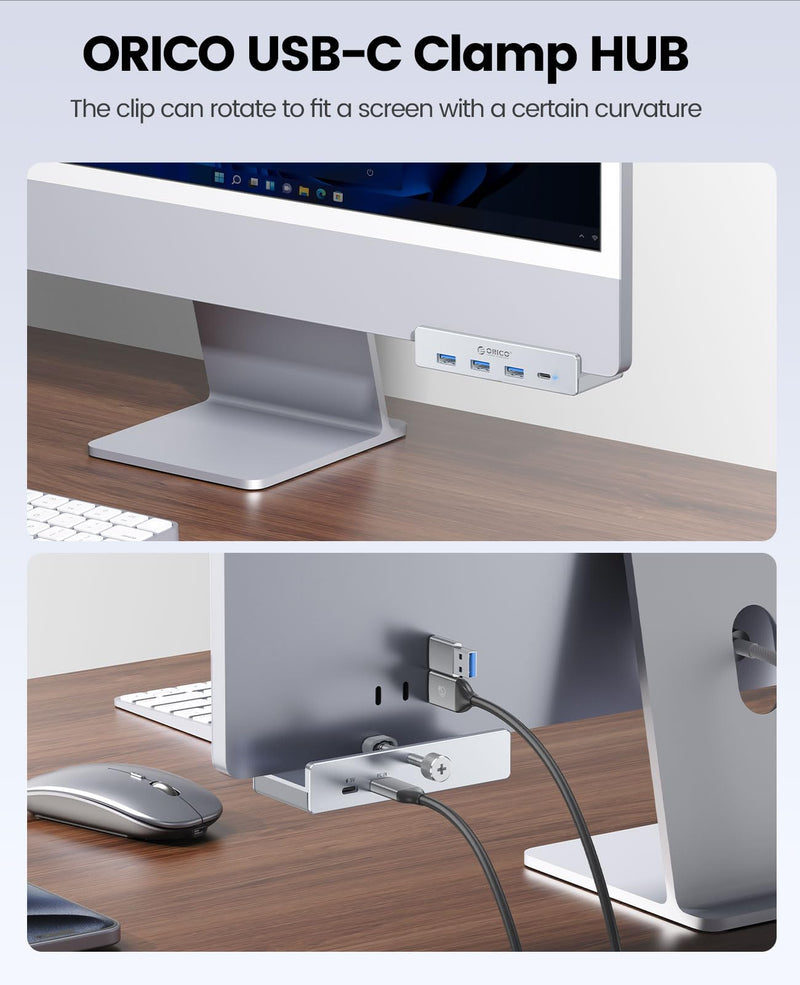 ORICO USB Hub 3.0, Clamp USB Hub with Extra Power Port, Aluminum 4-Port USB Adapter with 3 USB-A Data Ports, USB-C Port for Monitors, Desks(Silver) Silver