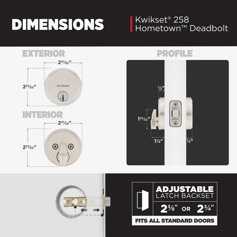 Kwikset Hometown Deadbolt Lock, Satin Nickel, Round Exterior Keyed Front Entry Door, Pick Resistant SmartKey Rekey Security, Single Cylinder Dead Bolt Door Lock, with Microban Protection
