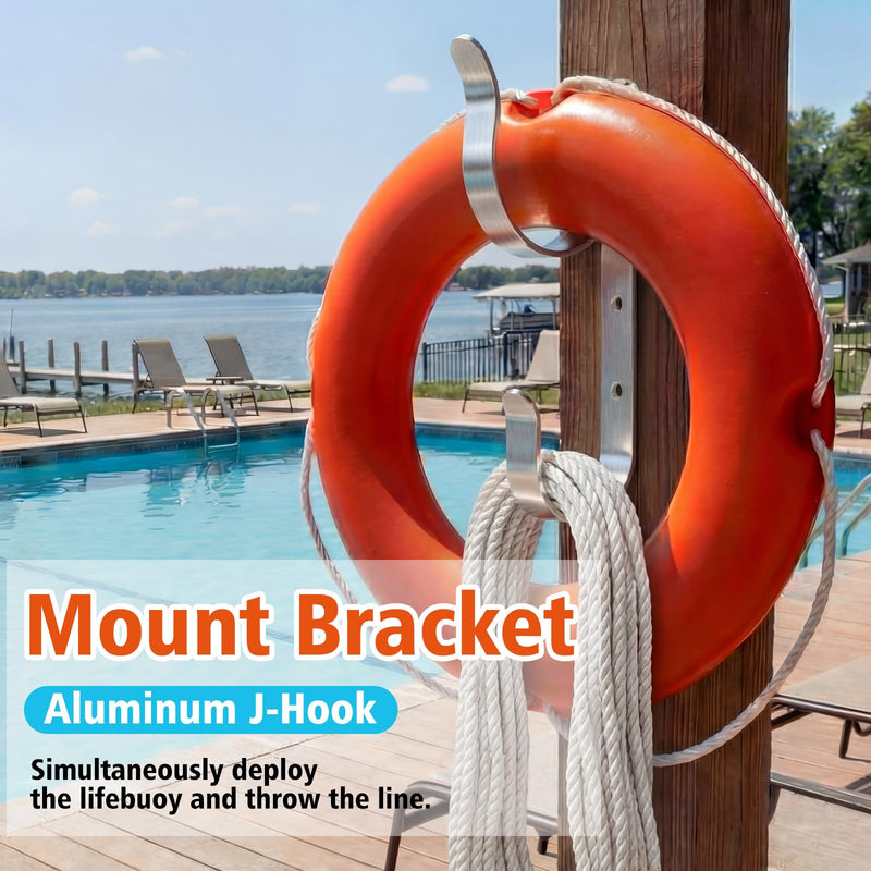 Sotiff 2 in 1 Aluminum Life Buoy Holder Mount for Lifesaving Ring Buoys and Throw Ropes Life Preserver Ring Bracket Holder Marine Boat Dock Hook for Pool Safety Storage Accessory