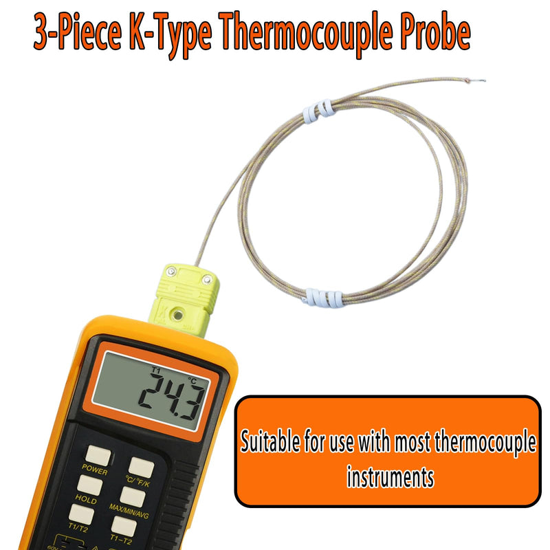 Three-Piece K-Type thermocouple Probe Set with Fiberglass Cable 47 inches Long Temperature Range -50°F to 900°F Three thermocouple sensors Included